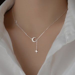 925 Sterling Silver Moon Minimalist Tassel Pendant Necklace